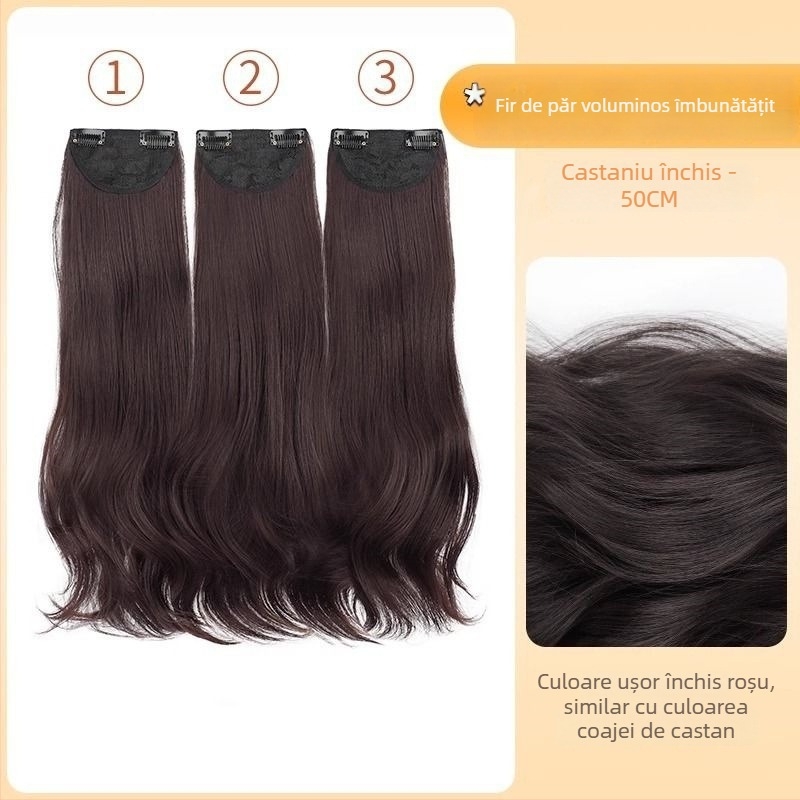 Perucă cu trei secțiuni micro-rol, capac invizibil, bucle lungi, volum, lungime 50–60 cm, fibră sintetică rezistentă la căldură, nu se poate vopsi