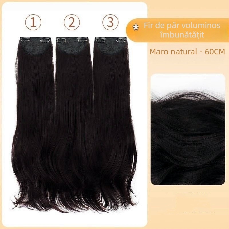 Perucă cu trei secțiuni micro-rol, capac invizibil, bucle lungi, volum, lungime 50–60 cm, fibră sintetică rezistentă la căldură, nu se poate vopsi