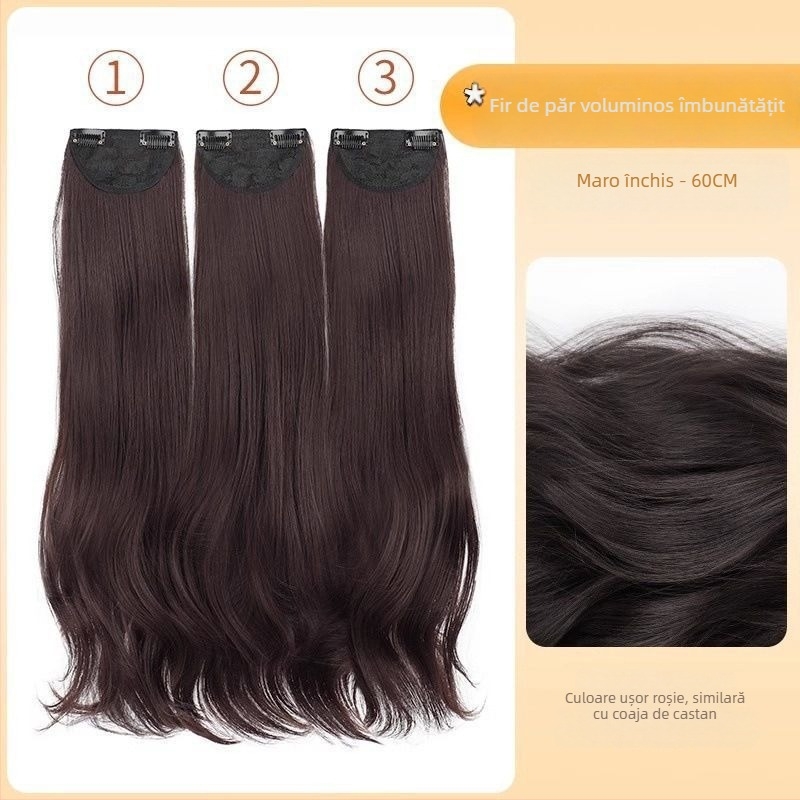Perucă cu trei secțiuni micro-rol, capac invizibil, bucle lungi, volum, lungime 50–60 cm, fibră sintetică rezistentă la căldură, nu se poate vopsi