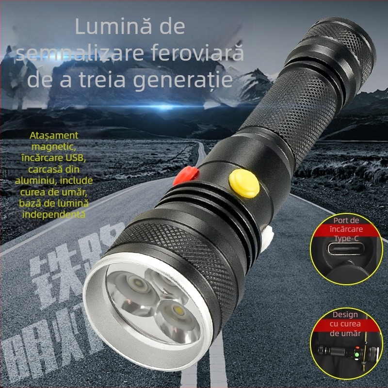 Lanternă LED cu magnet, încărcare USB, baterie 2000 mAh, rază de iluminare 100–200 m