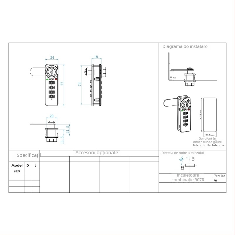 Încuietoare mecanică cu disc, combinație frontală triplă, rotație de 180°, cod de 4 cifre, model 907R
