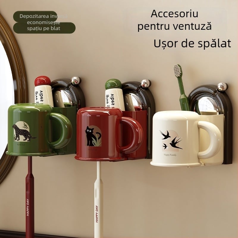Suport pentru periuțe de dinți cu ventuză, montare pe perete, din plastic, spațiu pentru paharul de clătire, imprimare logo disponibil