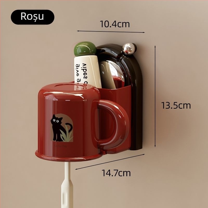 Suport pentru periuțe de dinți cu ventuză, montare pe perete, din plastic, spațiu pentru paharul de clătire, imprimare logo disponibil