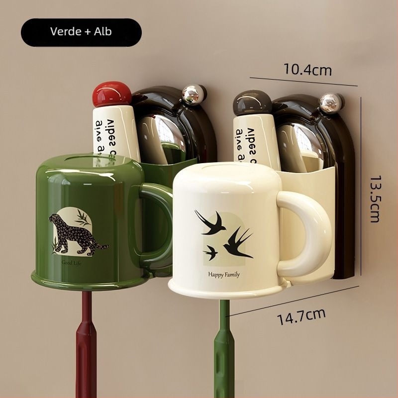 Suport pentru periuțe de dinți cu ventuză, montare pe perete, din plastic, spațiu pentru paharul de clătire, imprimare logo disponibil