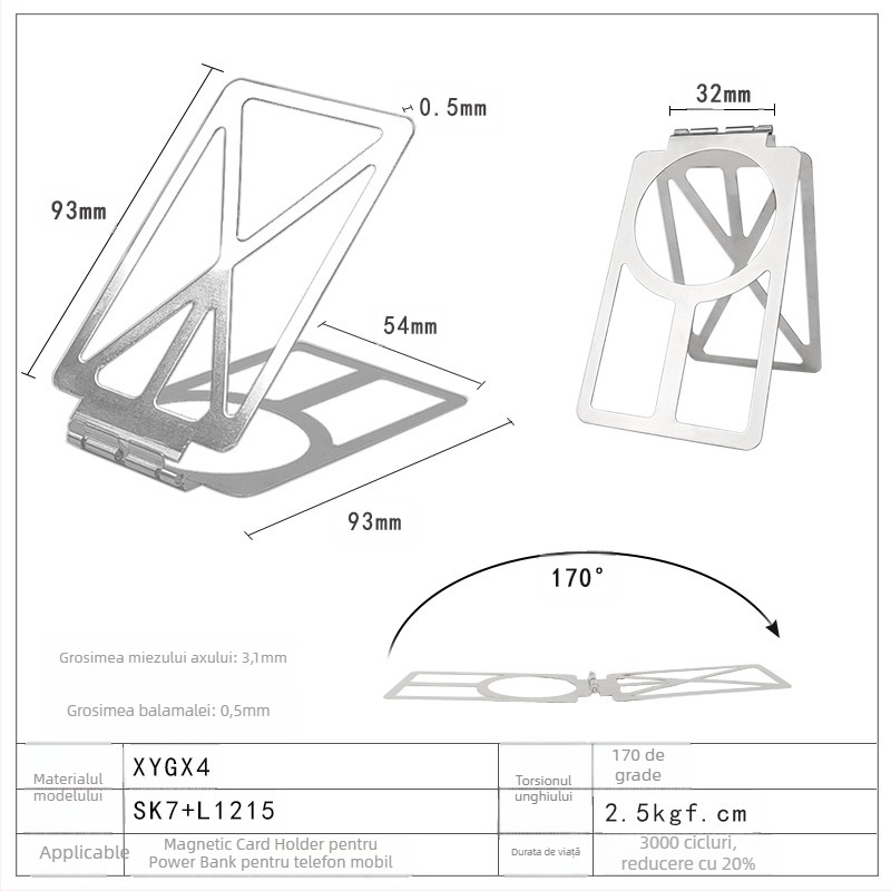 Suport pentru card magnetic pentru telefon, cu balama amortizoare și balama rotativă de 170°, suport pentru Power Bank