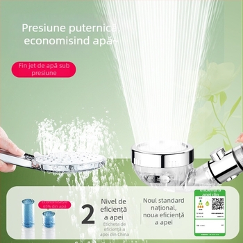 Cap de duș filtrat, presurizat, corp ABS, filtrare cu dechlorare și ioni negativi, trei niveluri de flux, interval de lucru 0–99°C