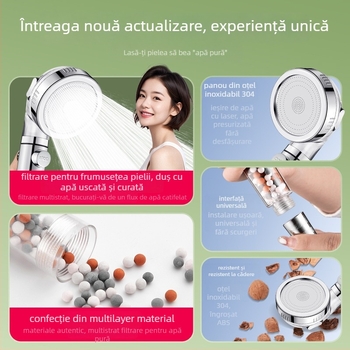 Cap de duș filtrat, presurizat, corp ABS, filtrare cu dechlorare și ioni negativi, trei niveluri de flux, interval de lucru 0–99°C