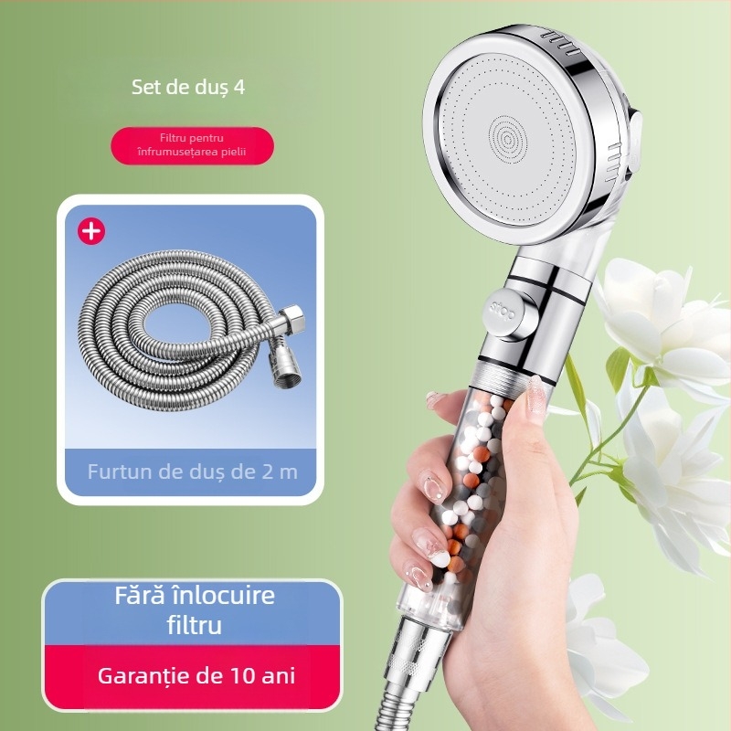 Cap de duș filtrat, presurizat, corp ABS, filtrare cu dechlorare și ioni negativi, trei niveluri de flux, interval de lucru 0–99°C