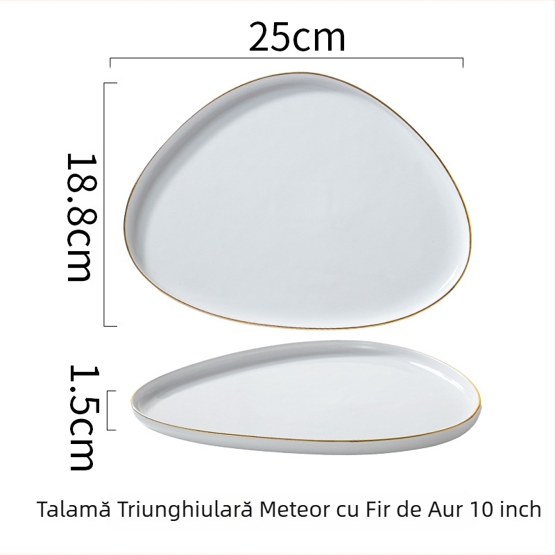 Farfurie triunghiulară din porțelan pentru steak, stil nordic, margine aurie, farfurie ceramică cu formă specială