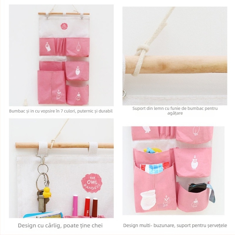 Organizator textil de depozitare, bumbac și in, trei buzunare, montaj pe perete, model SD53558