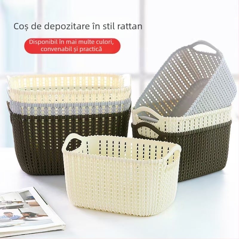 Mini coș de depozitare cu împletitură de ratan imitativ, plastic, cu mâner, multifuncțional, stil japonez