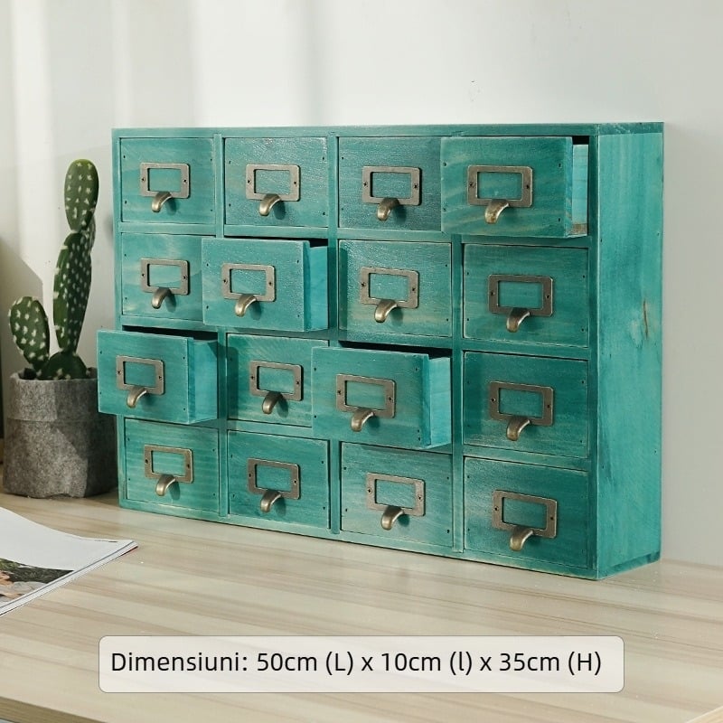 Cutie de depozitare desktop cu 16 compartimente din lemn de pin, model 565, capacitate 18L, stil modern minimalist