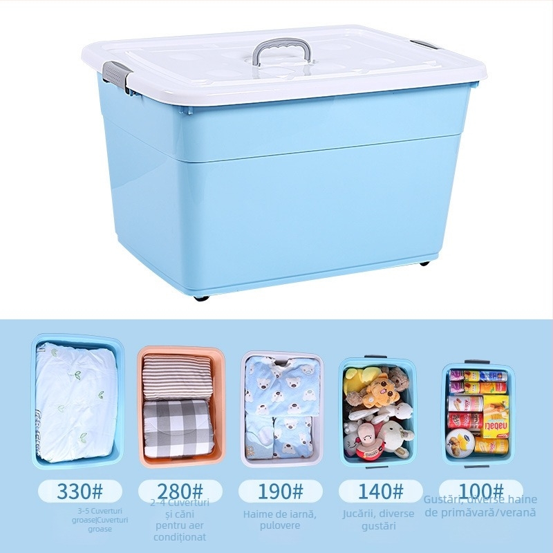 Cutie de depozitare din plastic, capacitate mare pentru casă și dormitor, organizator pentru haine și jucării; PP plastic; 200–250 L; cu roți și mâner de transport; rezistent la apă și praf