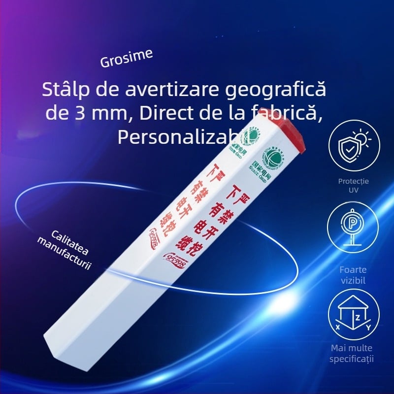 Post FRP de avertizare pentru conducte de gaze și petrol; posturi marcatoare PVC pentru alimentarea cu apă; semne posturi pentru energie și comunicații din ciment; film reflectorizant clasa II; imprimare silkscreen; forme pătrat, rotund, triunghi; personal