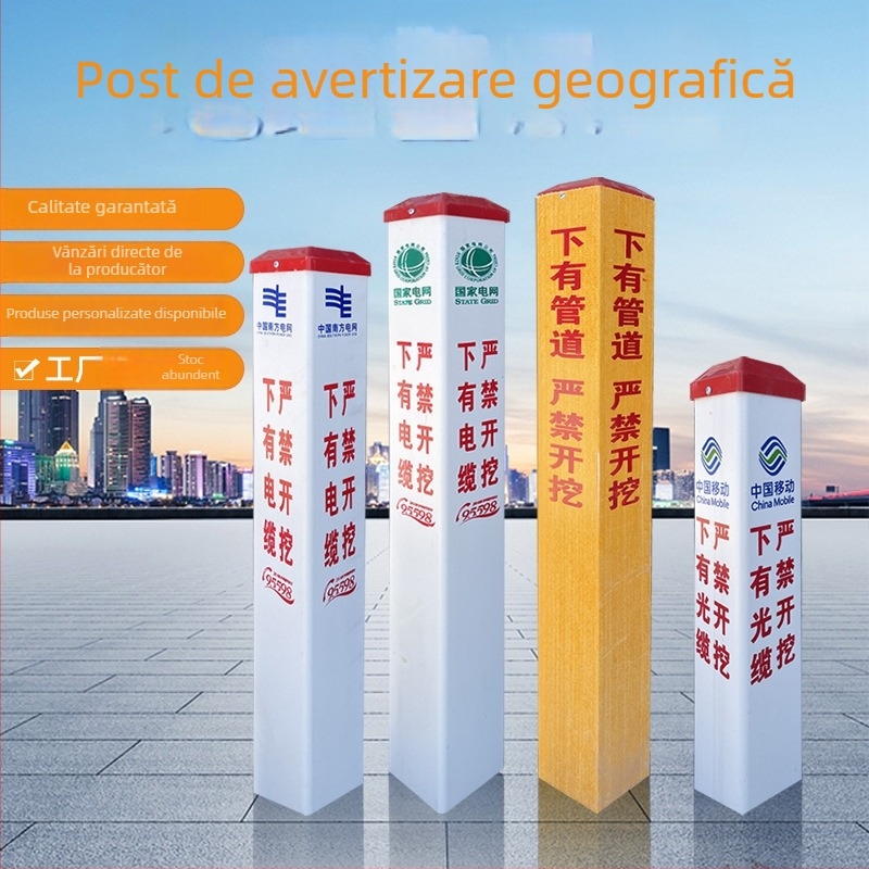 Post FRP de avertizare pentru conducte de gaze și petrol; posturi marcatoare PVC pentru alimentarea cu apă; semne posturi pentru energie și comunicații din ciment; film reflectorizant clasa II; imprimare silkscreen; forme pătrat, rotund, triunghi; personal