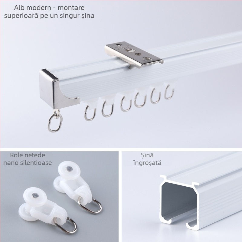 Morant șină pentru perdele din aliaj de aluminiu – dublă, montaj superior, cu cârlig, rulare telescopică, stil minimalist modern