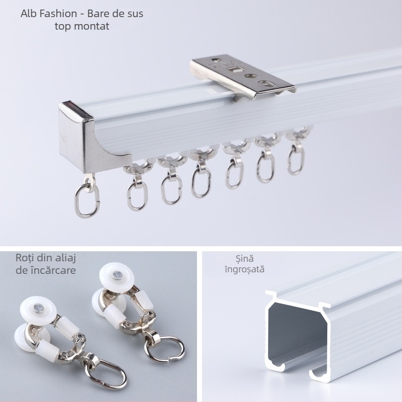 Morant șină pentru perdele din aliaj de aluminiu – dublă, montaj superior, cu cârlig, rulare telescopică, stil minimalist modern