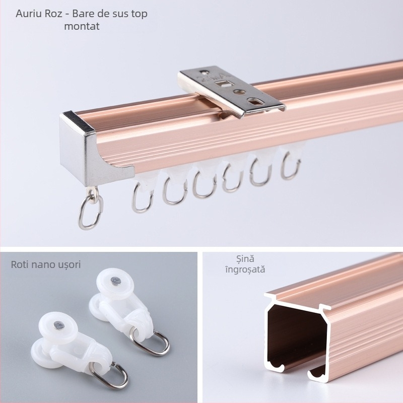 Morant șină pentru perdele din aliaj de aluminiu – dublă, montaj superior, cu cârlig, rulare telescopică, stil minimalist modern