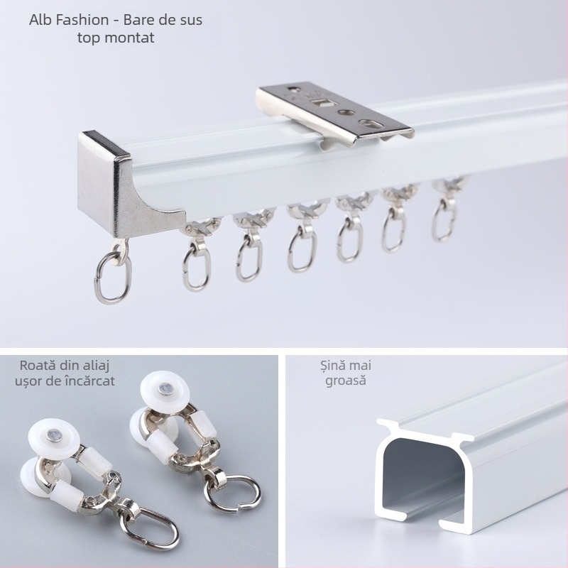 Morant șină pentru perdele din aliaj de aluminiu – dublă, montaj superior, cu cârlig, rulare telescopică, stil minimalist modern