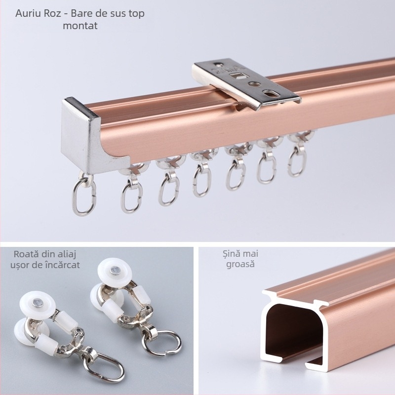 Morant șină pentru perdele din aliaj de aluminiu – dublă, montaj superior, cu cârlig, rulare telescopică, stil minimalist modern