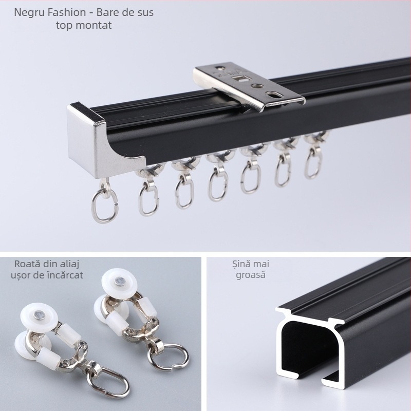 Morant șină pentru perdele din aliaj de aluminiu – dublă, montaj superior, cu cârlig, rulare telescopică, stil minimalist modern