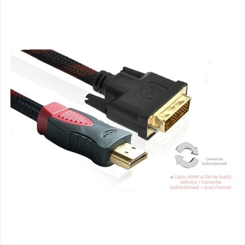 Cablu adaptor HDMI la DVI, 24+1 pini, lungime 1.5 m, conectori placati cu aur, conductori din oțel acoperit cu cupru