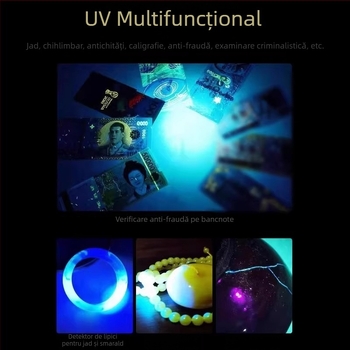 Lampa LED pentru detectarea fluorescenței UV – bancnote, bijuterii și jad, cu lumină ultravioletă și albastră, reîncărcabilă, până la 50 m, luminozitate sub 100 lm