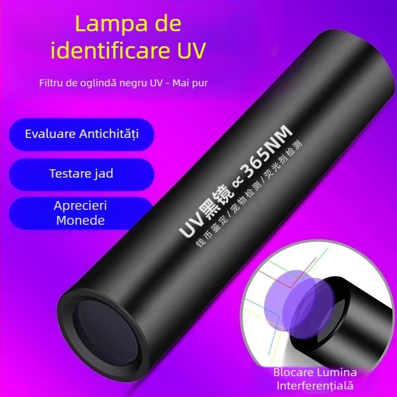 Lampa LED pentru detectarea fluorescenței UV – bancnote, bijuterii și jad, cu lumină ultravioletă și albastră, reîncărcabilă, până la 50 m, luminozitate sub 100 lm
