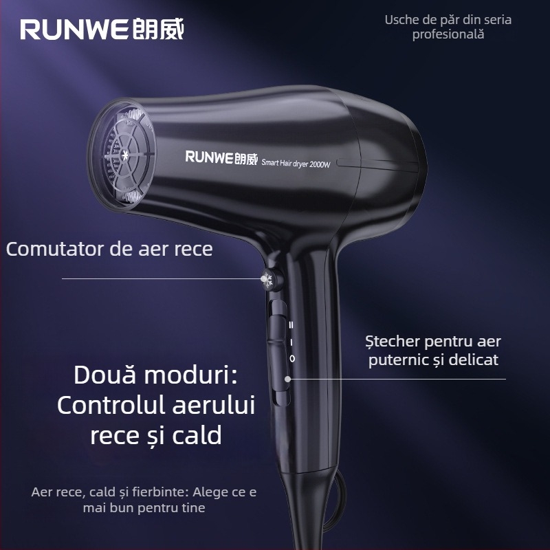 Uscător de păr profesional cu motor cu perii, 2000W, 220V, aer cald/rece, tehnologie cu lumină albastră și ioni negativi