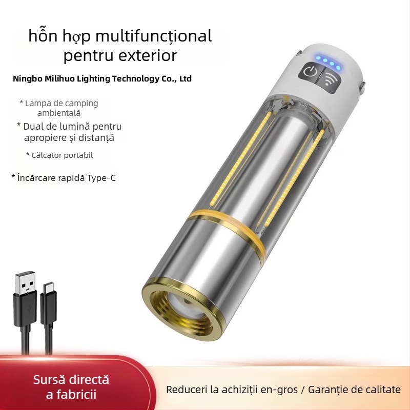 Lanternă LED portabilă, reîncărcabilă, 5W, baterie 800 mAh, rază 200–500 m, alimentare manuală, autonomie aproximativă 2 h