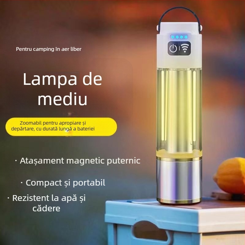Lanternă LED portabilă, reîncărcabilă, 5W, baterie 800 mAh, rază 200–500 m, alimentare manuală, autonomie aproximativă 2 h