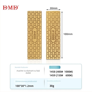 Piatră de ascuțit cu două fețe din diamant, ușoară 30 g, granulații 150/600 și 400/1000, logo DMD imprimat, posibilitate de personalizare a producției și etichetă privată disponibilă