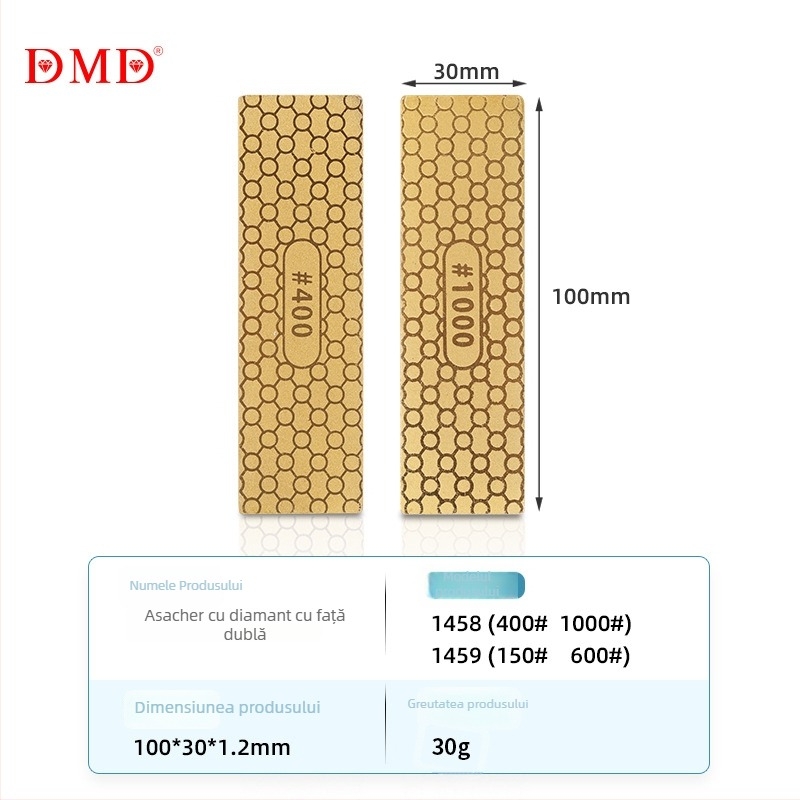 Piatră de ascuțit cu două fețe din diamant, ușoară 30 g, granulații 150/600 și 400/1000, logo DMD imprimat, posibilitate de personalizare a producției și etichetă privată disponibilă