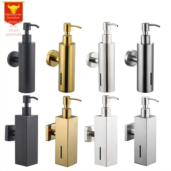 Dispenser de săpun din oțel inoxidabil, montat pe perete, acționat prin apăsare, finisaj lucios, stil modern minimalist