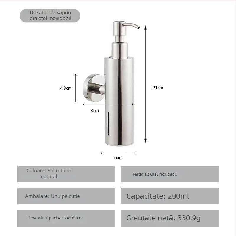 Dispenser de săpun din oțel inoxidabil, montat pe perete, acționat prin apăsare, finisaj lucios, stil modern minimalist