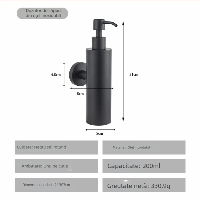 Dispenser de săpun din oțel inoxidabil, montat pe perete, acționat prin apăsare, finisaj lucios, stil modern minimalist