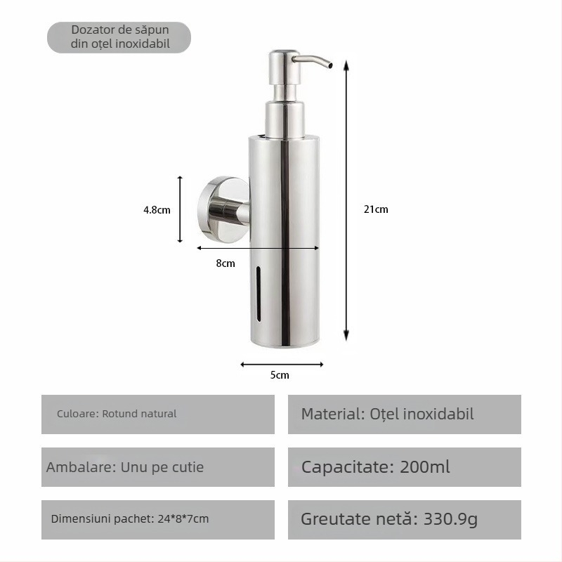 Dispenser de săpun din oțel inoxidabil, montat pe perete, acționat prin apăsare, finisaj lucios, stil modern minimalist