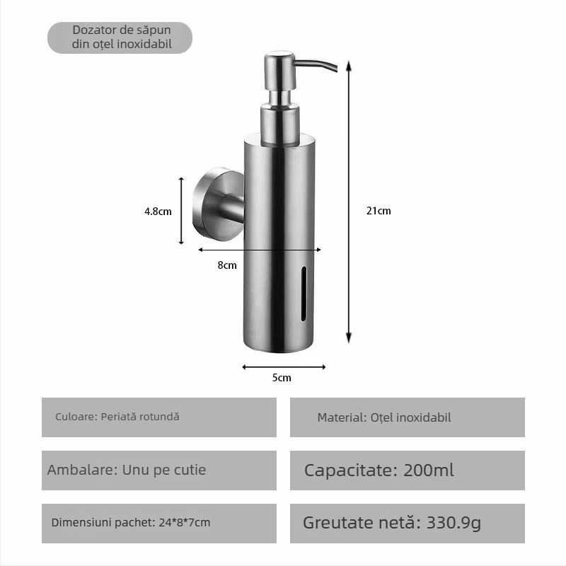 Dispenser de săpun din oțel inoxidabil, montat pe perete, acționat prin apăsare, finisaj lucios, stil modern minimalist