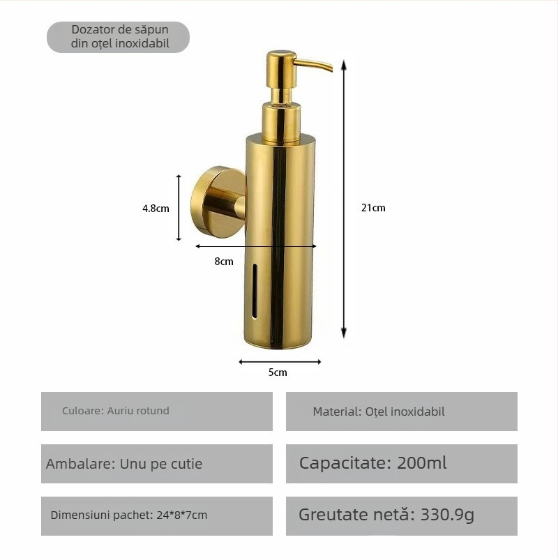 Dispenser de săpun din oțel inoxidabil, montat pe perete, acționat prin apăsare, finisaj lucios, stil modern minimalist