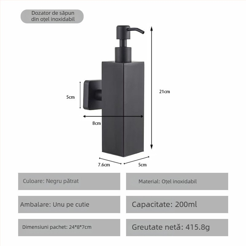 Dispenser de săpun din oțel inoxidabil, montat pe perete, acționat prin apăsare, finisaj lucios, stil modern minimalist