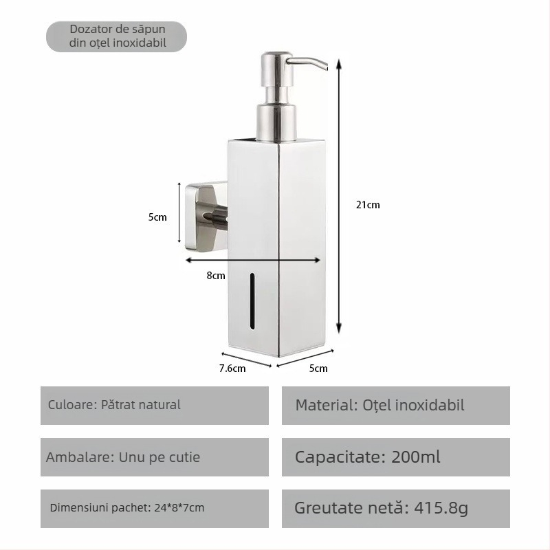 Dispenser de săpun din oțel inoxidabil, montat pe perete, acționat prin apăsare, finisaj lucios, stil modern minimalist