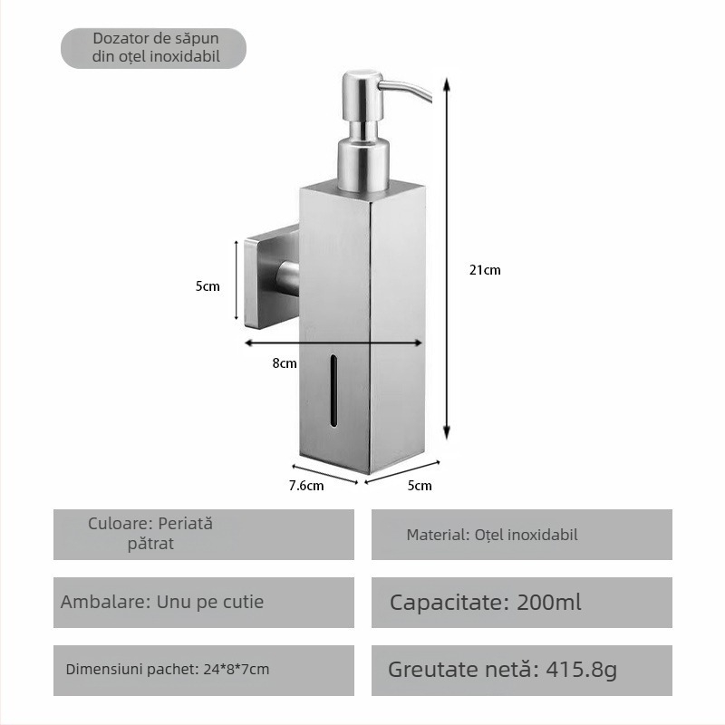 Dispenser de săpun din oțel inoxidabil, montat pe perete, acționat prin apăsare, finisaj lucios, stil modern minimalist