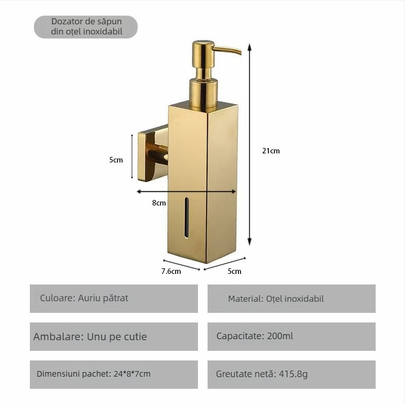 Dispenser de săpun din oțel inoxidabil, montat pe perete, acționat prin apăsare, finisaj lucios, stil modern minimalist