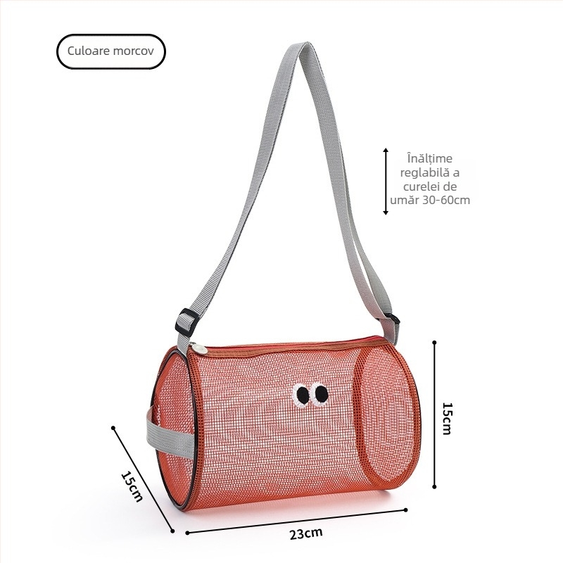 Geantă cosmetică cilindrică din plasă, cu curea crossbody, pentru plajă și piscină, cu spațiu mare pentru depozitare cosmetice și gustări