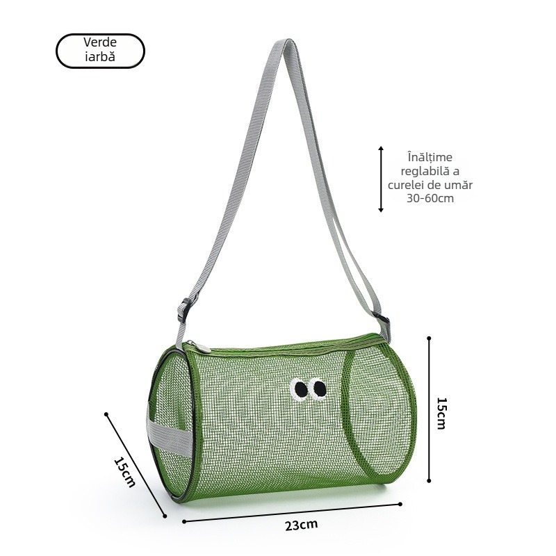 Geantă cosmetică cilindrică din plasă, cu curea crossbody, pentru plajă și piscină, cu spațiu mare pentru depozitare cosmetice și gustări