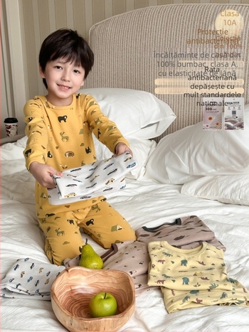 Pijamale de casă pentru copii din fleece din lână, 95% bumbac / 5% elastan, antibacterian și respirabil, mâneci lungi și guler rotund, pentru 8+ ani, toamnă-iarnă 2025