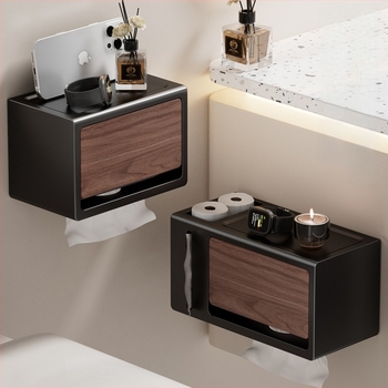 Suport de hârtie igienică montat pe perete, fără găuri, cu capac, aspect lemn nuc, impermeabil, formă pătrată, material: oțel carbon + ABS