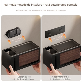Suport de hârtie igienică montat pe perete, fără găuri, cu capac, aspect lemn nuc, impermeabil, formă pătrată, material: oțel carbon + ABS