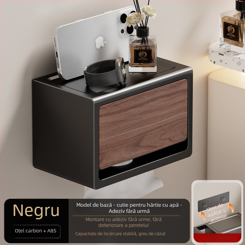 Suport de hârtie igienică montat pe perete, fără găuri, cu capac, aspect lemn nuc, impermeabil, formă pătrată, material: oțel carbon + ABS