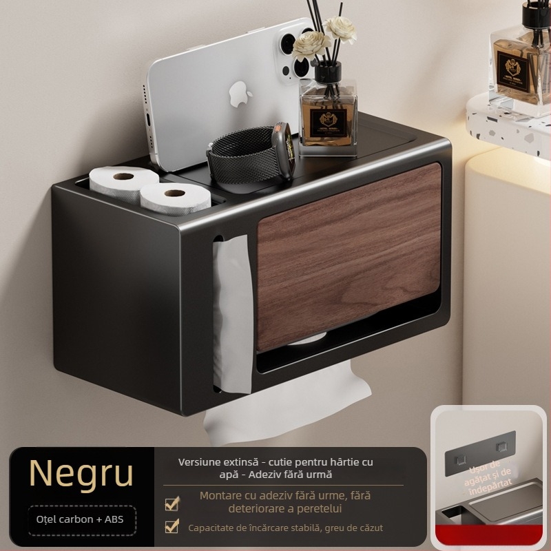 Suport de hârtie igienică montat pe perete, fără găuri, cu capac, aspect lemn nuc, impermeabil, formă pătrată, material: oțel carbon + ABS